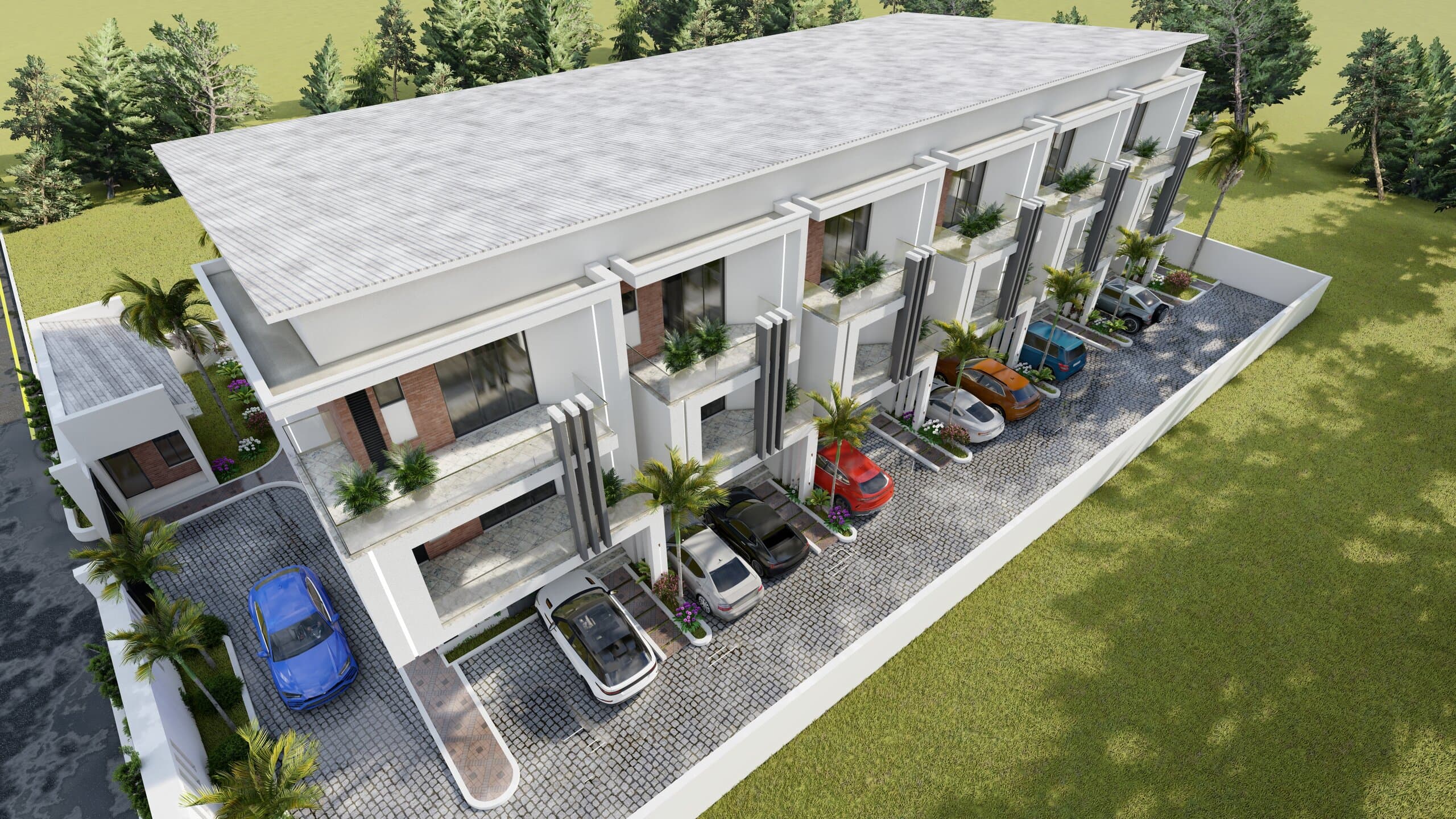 Aerial view of a gated modern terrace estate