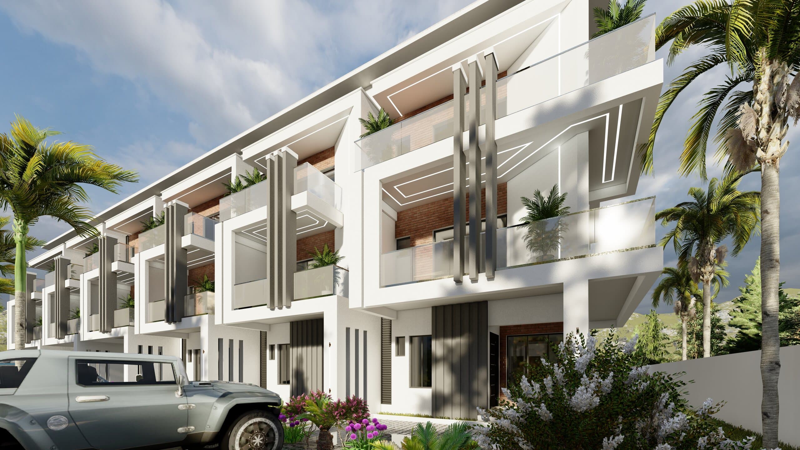 Angled view of a modern terrace residence with balconies