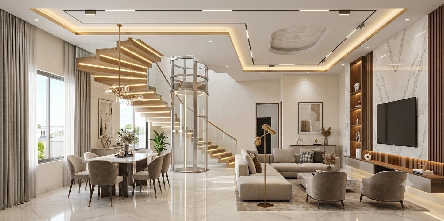 Bright open-plan living space with a glass elevator